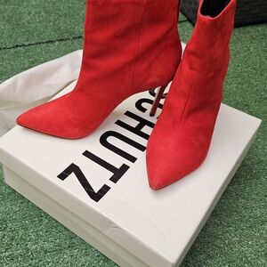 SCHUTZ Red Pointed-Toe Suede Stiletto Ankle Boots